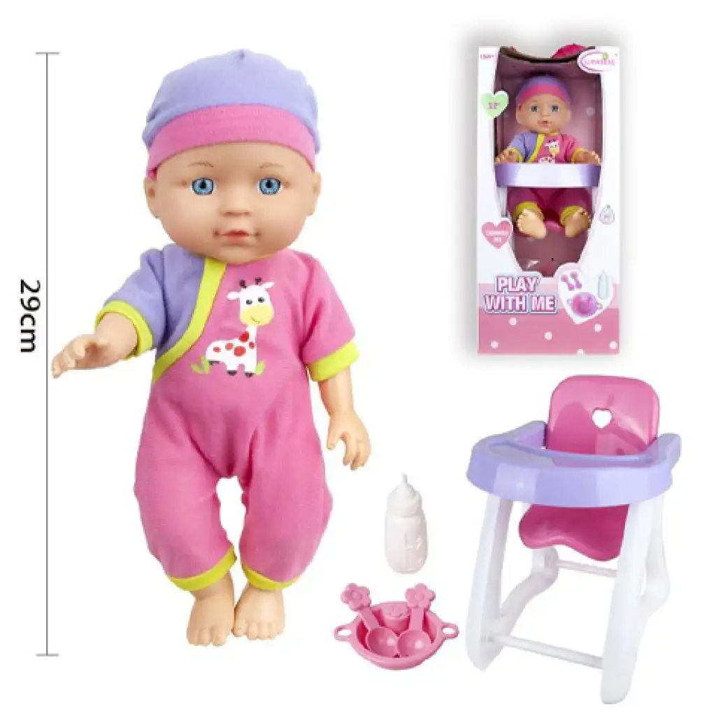 Puppe im Pyjama mit Hochstuhl und Zubehör, 29 cm kép 2