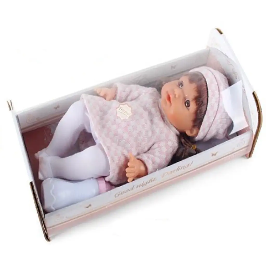 Puppenbaby mit Pipi-Funktion in kariertem Kleid mit Geräusch und kleinem Bett, 30 cm kép 2