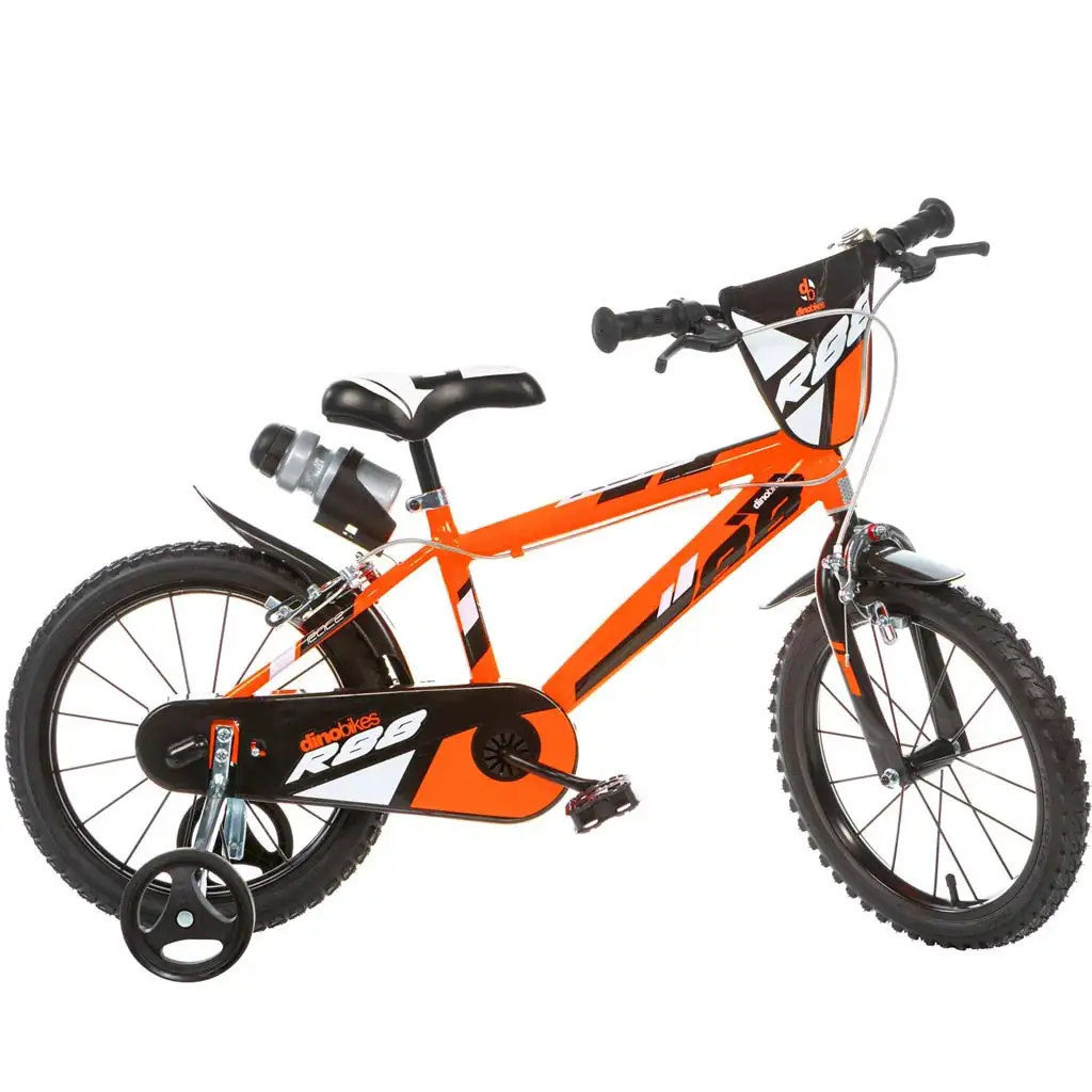 R88 14” Kinderfahrrad mit Flaschenhalter und Stützrädern in orange-schwarz – Dino Bikes Fahrrad