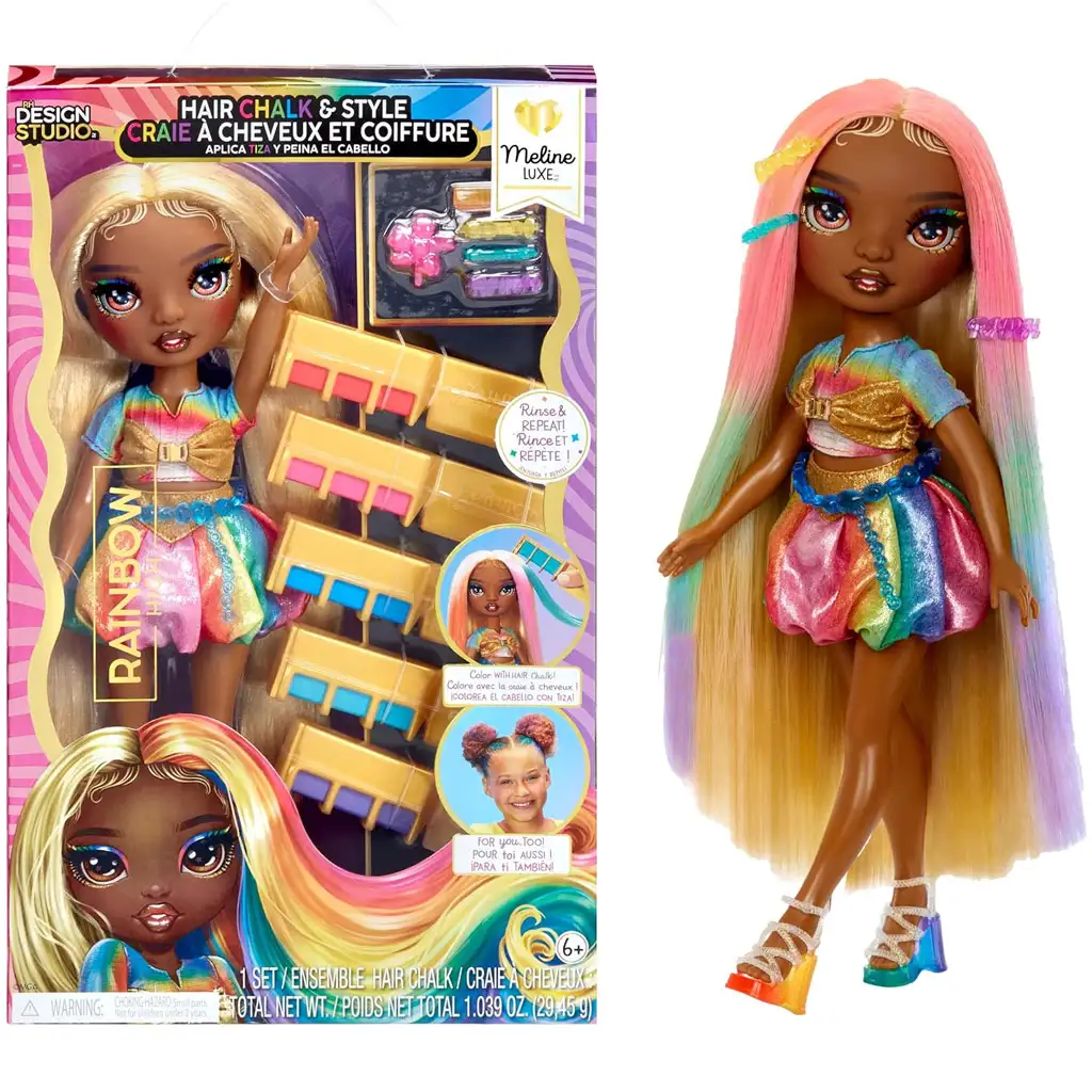 Rainbow High kämm- und frisierbare Meline Luxe Puppe mit Haarkreide-Set