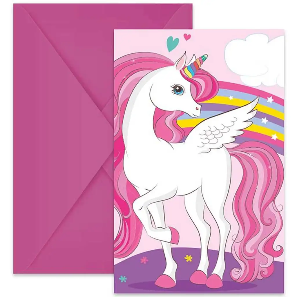 Regenbogen-Einhorn-Party-Einladung mit Umschlag 6er-Set