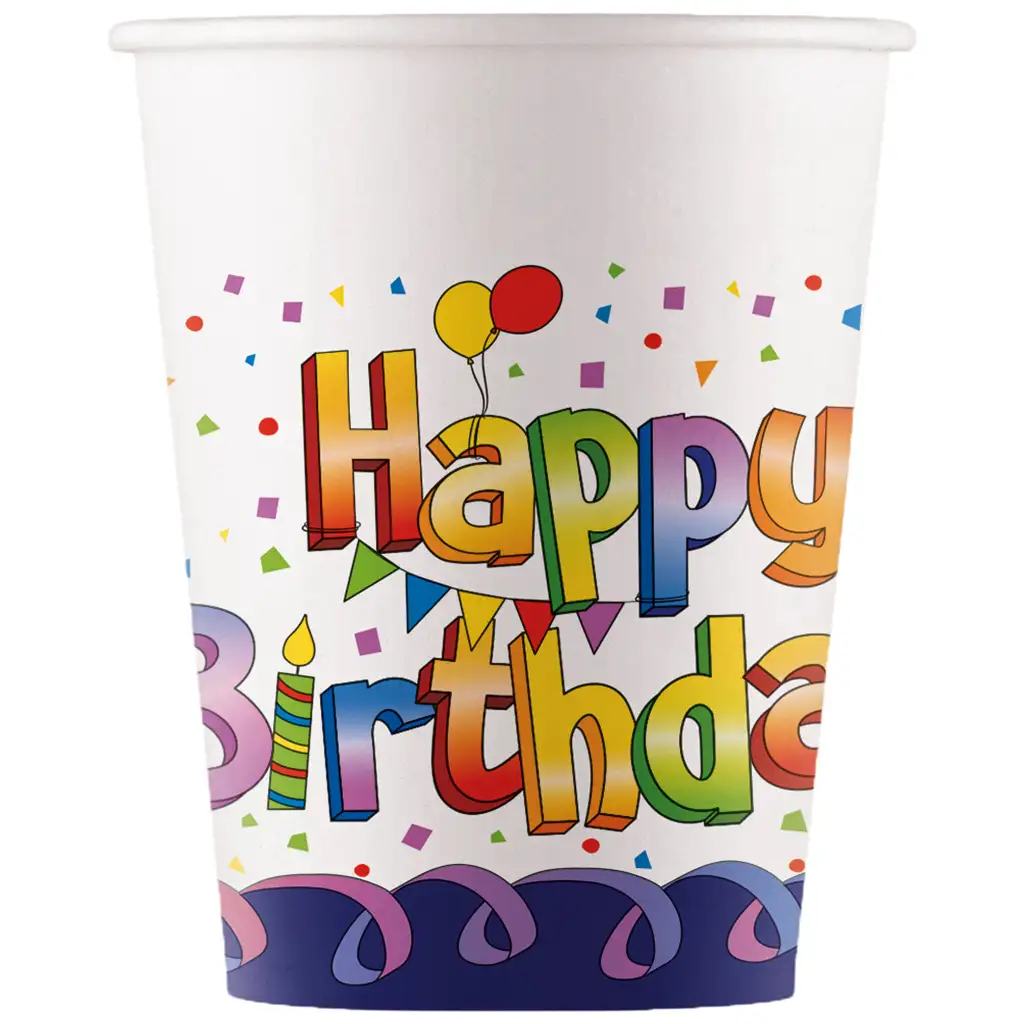 Regenbogen-Geburtstag "Happy Birthday" Pappbecher 8er-Set 200ml