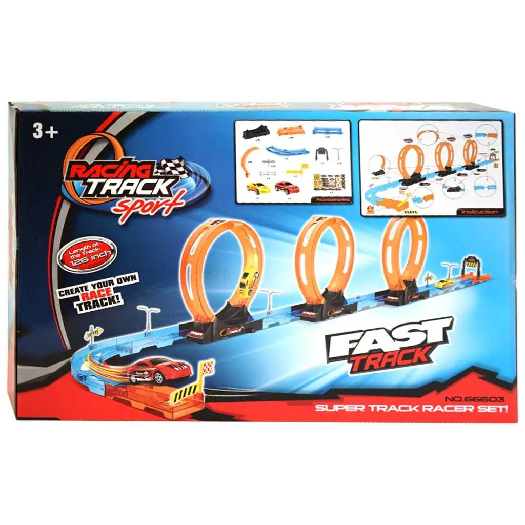 Rennstrecke: 28-teiliges Rennbahnsatz mit 3 Schleifen und 2 Rückziehautos 1/64 kép 3