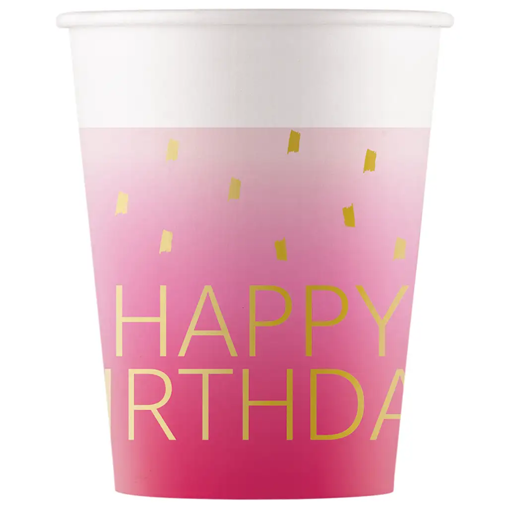 Rosa "Happy Birthday" Pappbecher 8er-Set 200ml