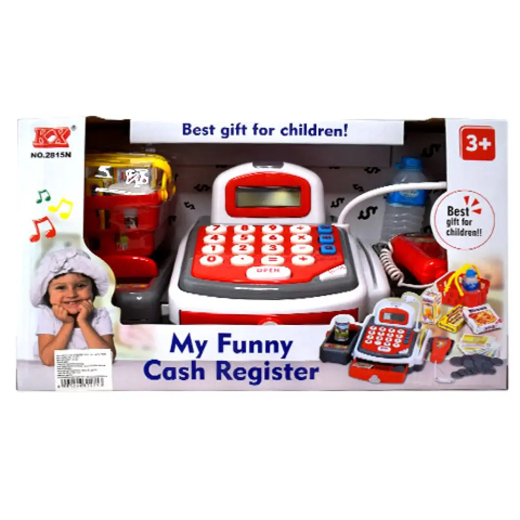 Rote funktionale elektrische Registrierkasse mit Förderband, Produkten und Sound. kép 6