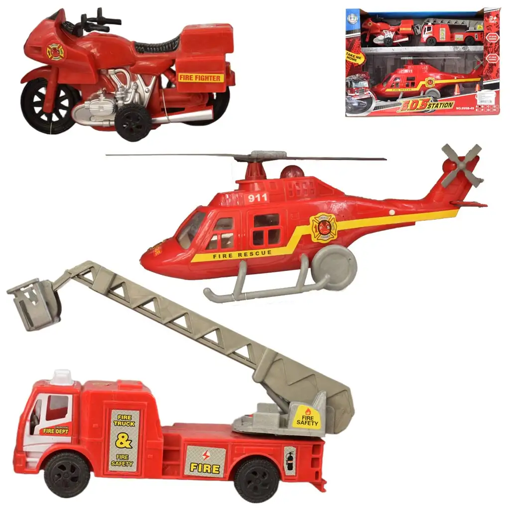 S.O.S. Station: 3-teiliges Feuerwehrfahrzeug-Set mit Hubschrauber