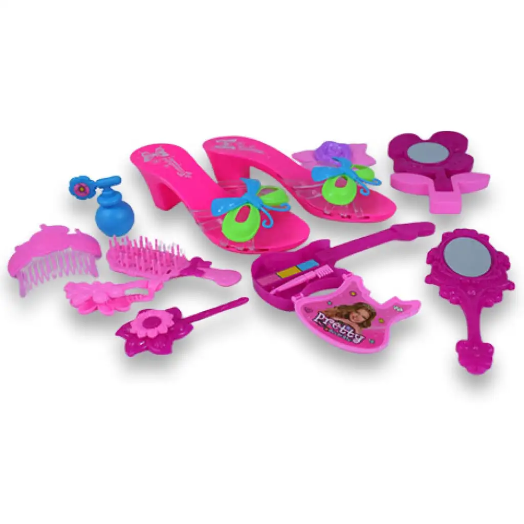 Schönheitsset mit Schuhen, Make-up und Friseurbedarf in einer Tasche kép 2