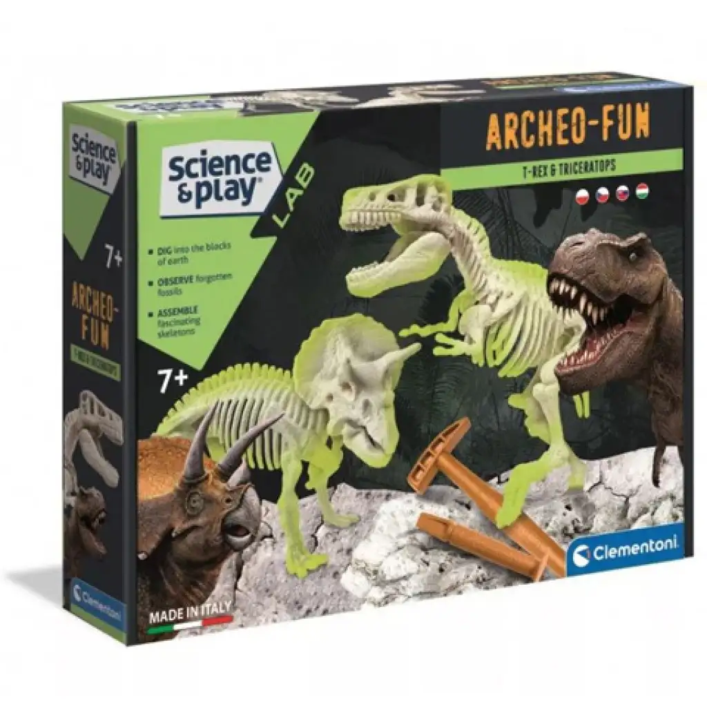 Science&Play: Archeofun Leuchtender T-rex und Triceratops Archäologie-Set - Clementoni