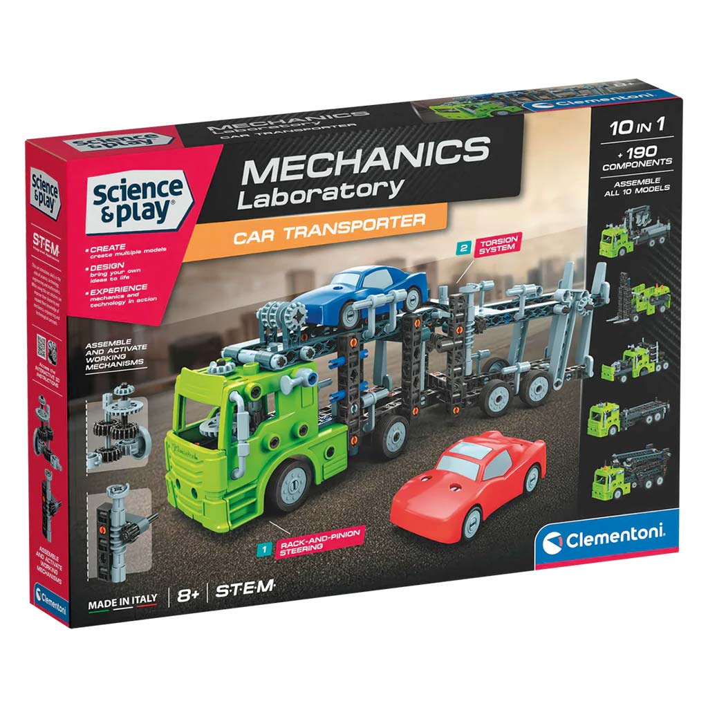 Science & Play: Mechanik-Werkstatt – Doppeldecker-Autotransporter-Bausatz – Clementoni