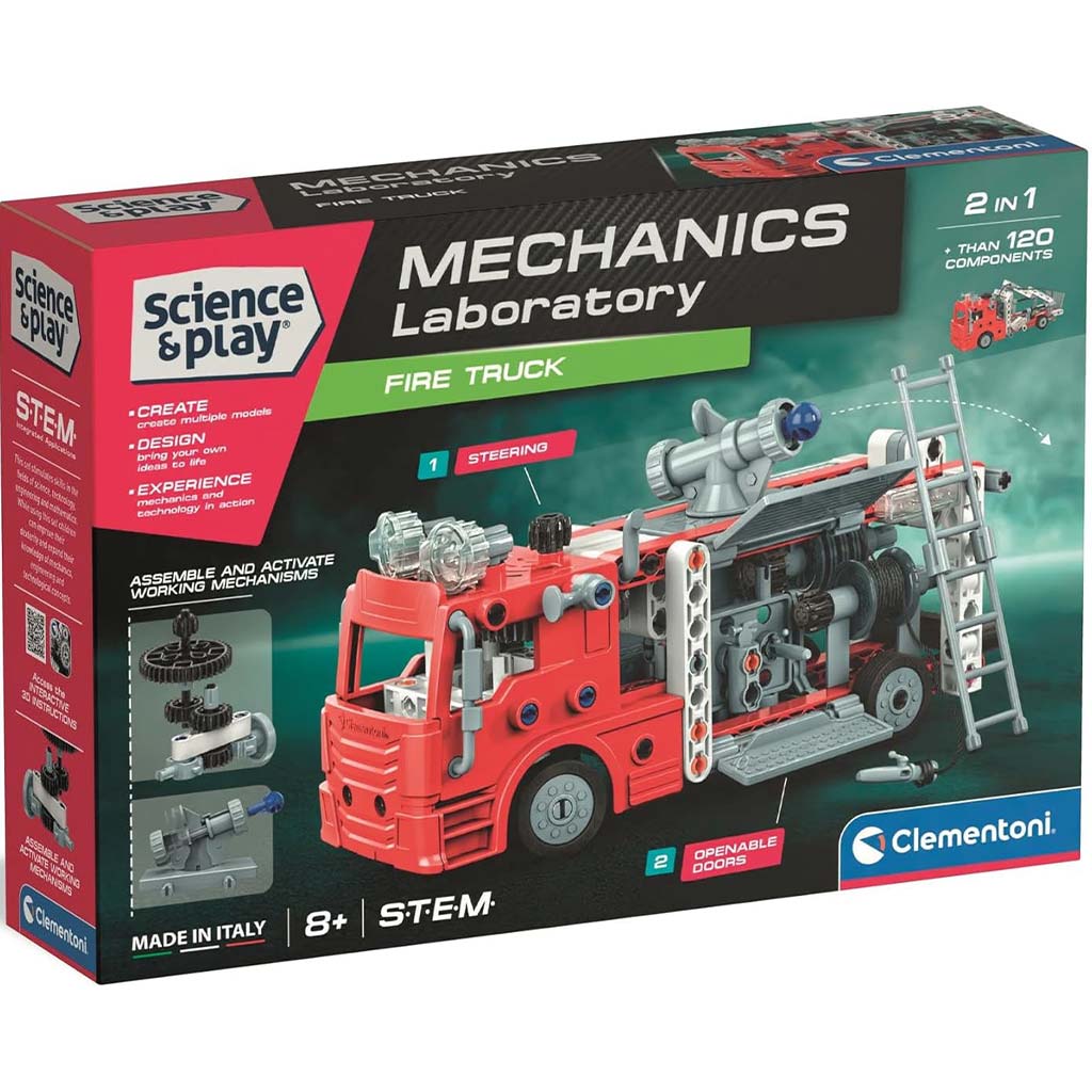 Science & Play: Mechanik-Werkstatt – Feuerwehrwagen-Baukasten – Clementoni