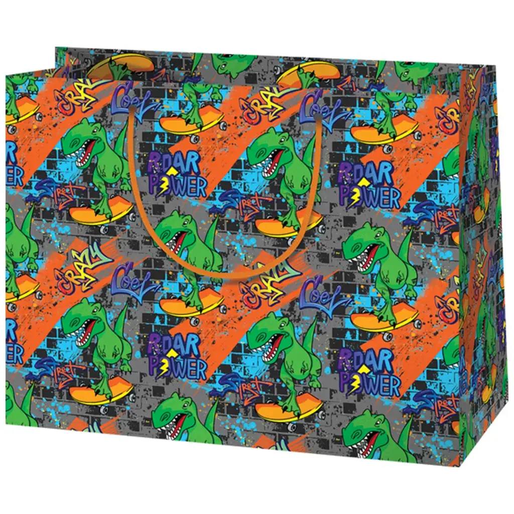 Skateboard fahrender T-Rex mittelgroße Geschenktasche 18x10x23cm