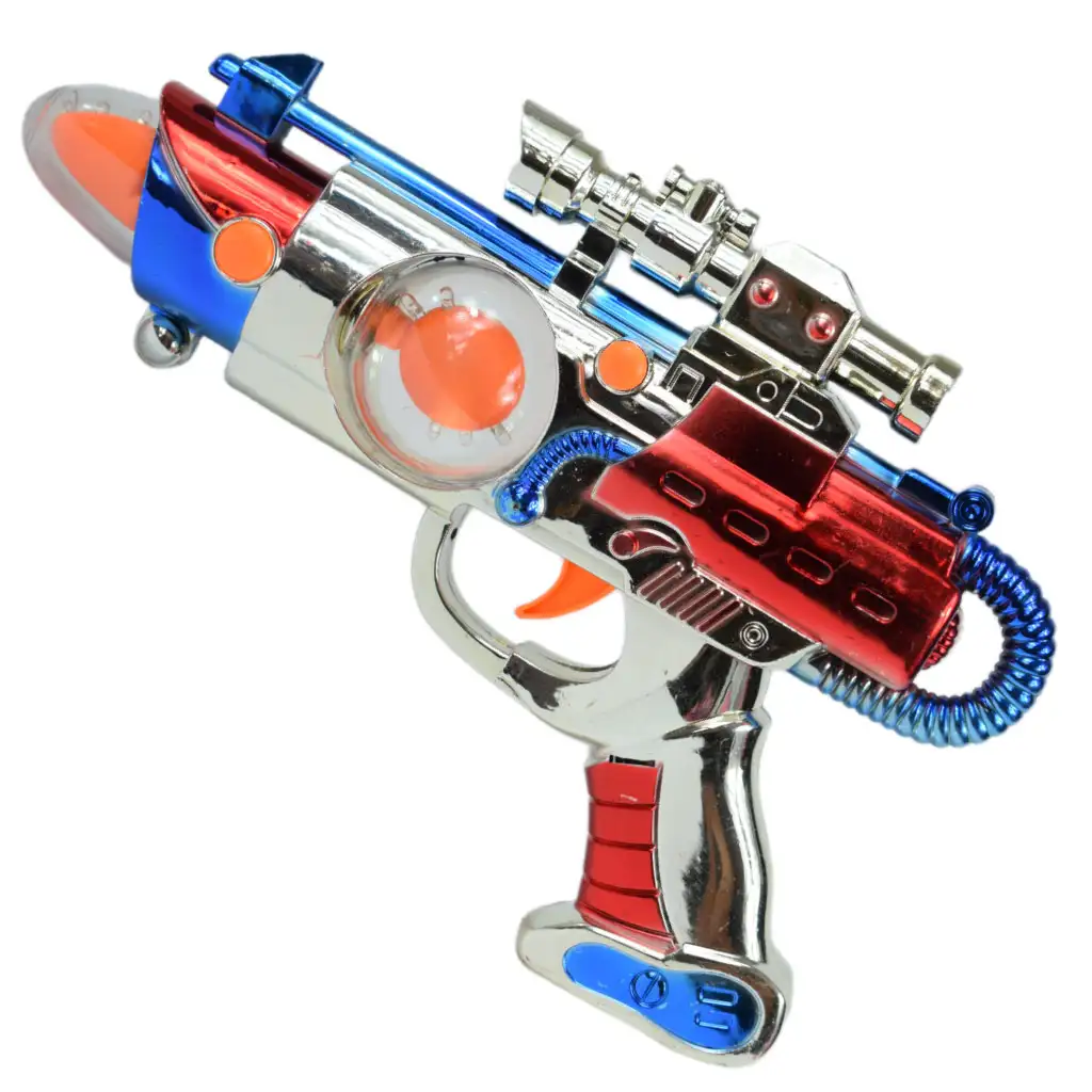 Space Warrior: Elektrische, chromfarbene Weltraumwaffe mit Licht und Ton, 27 cm