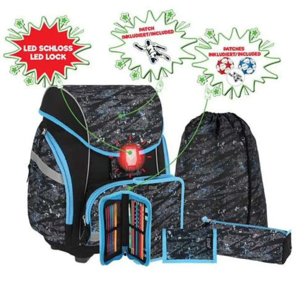 Spirit: Fußball 3D gemustertes ergonomisches 5-teiliges Schulranzen-Set mit LED-Beleuchtung 34x22x41cm