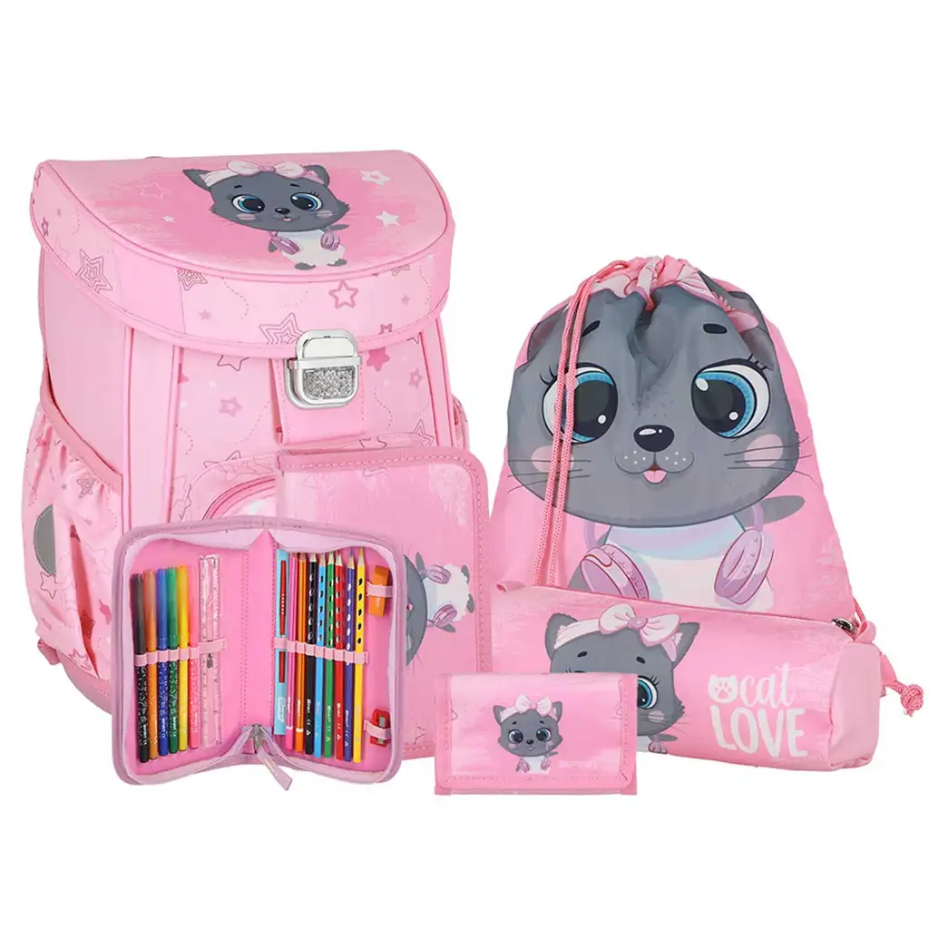Spirit: Graue Katzenschulranzen, Rucksack 5-teiliges Set 38x17x28cm