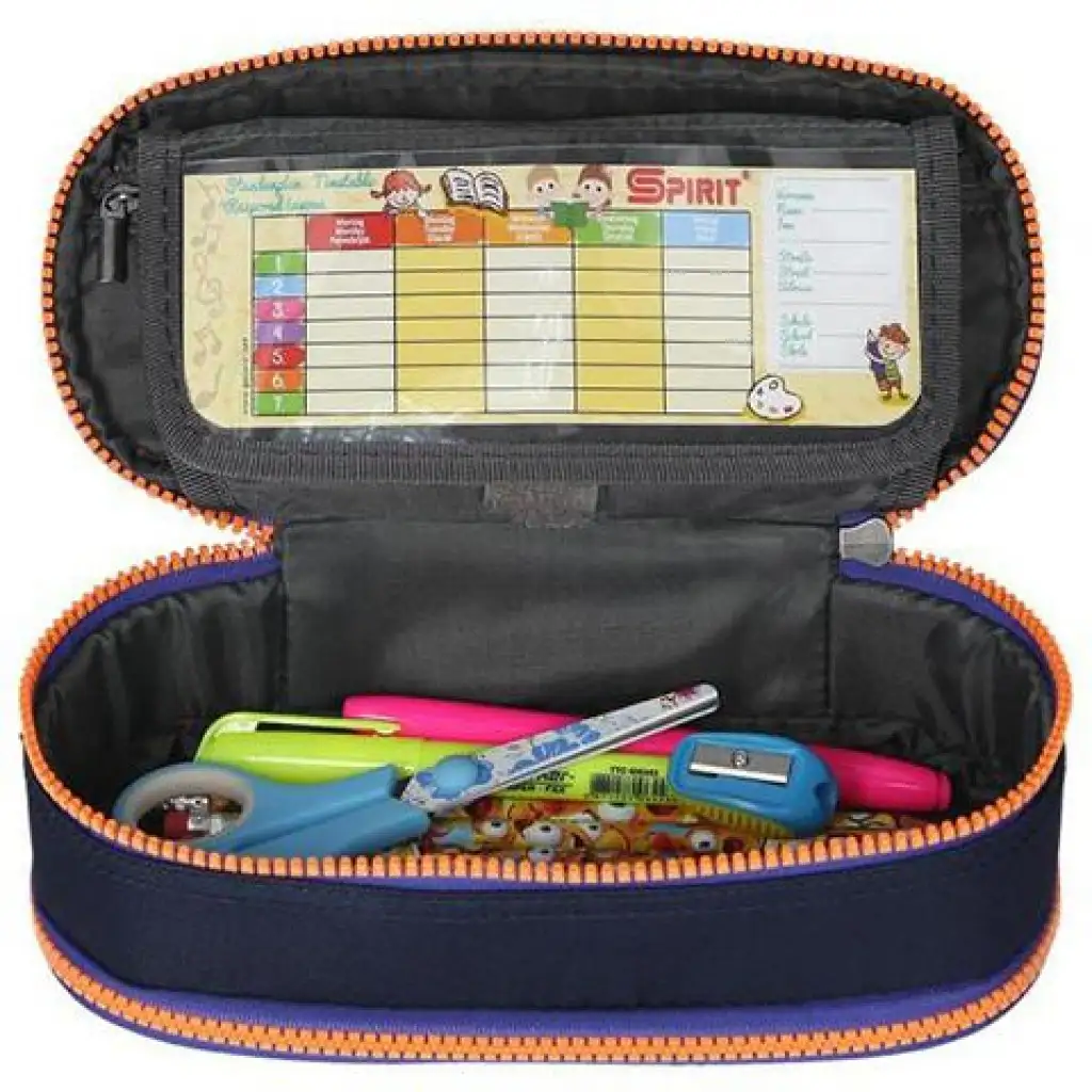 Spirit: Indigo-blaues ovales Federmäppchen mit neon-orangefarbenem Reißverschluss 23x10cm kép 3