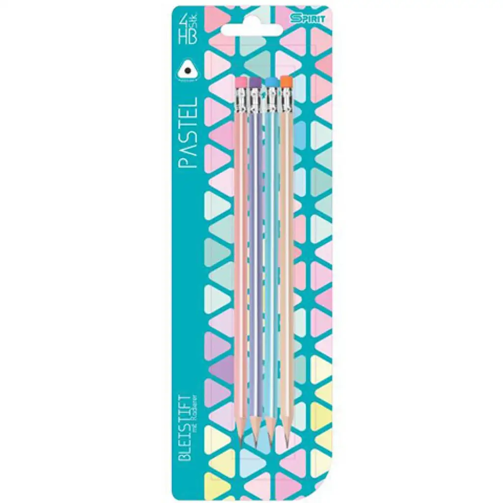 Spirit: Pastellfarbene dreieckige HB-Bleistifte mit Radiergummi, 4er-Set