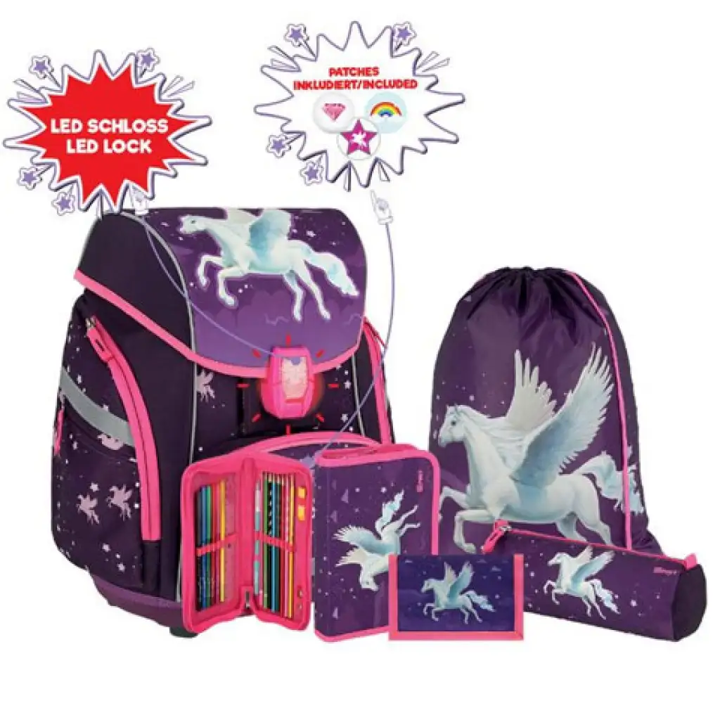 Spirit: Pegasus lila 5-teiliges Schulrucksack-Set mit Zubehör und LED-Licht