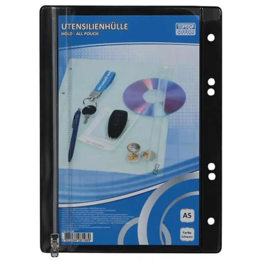 Spirit: Schwarzer, abheftbarer Reißverschlussbeutel in A5-Größe, 1 Stück