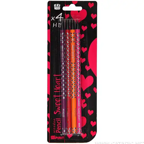 Spirit: Schwarzer dreieckiger HB-Bleistift mit Herzmuster und Radiergummi, 4er-Set