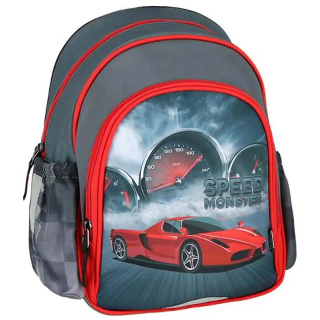 Spirit: Speed Monster rotes Rennauto gemusterter abgerundeter Schulranzen, Rucksack 24x13x31cm