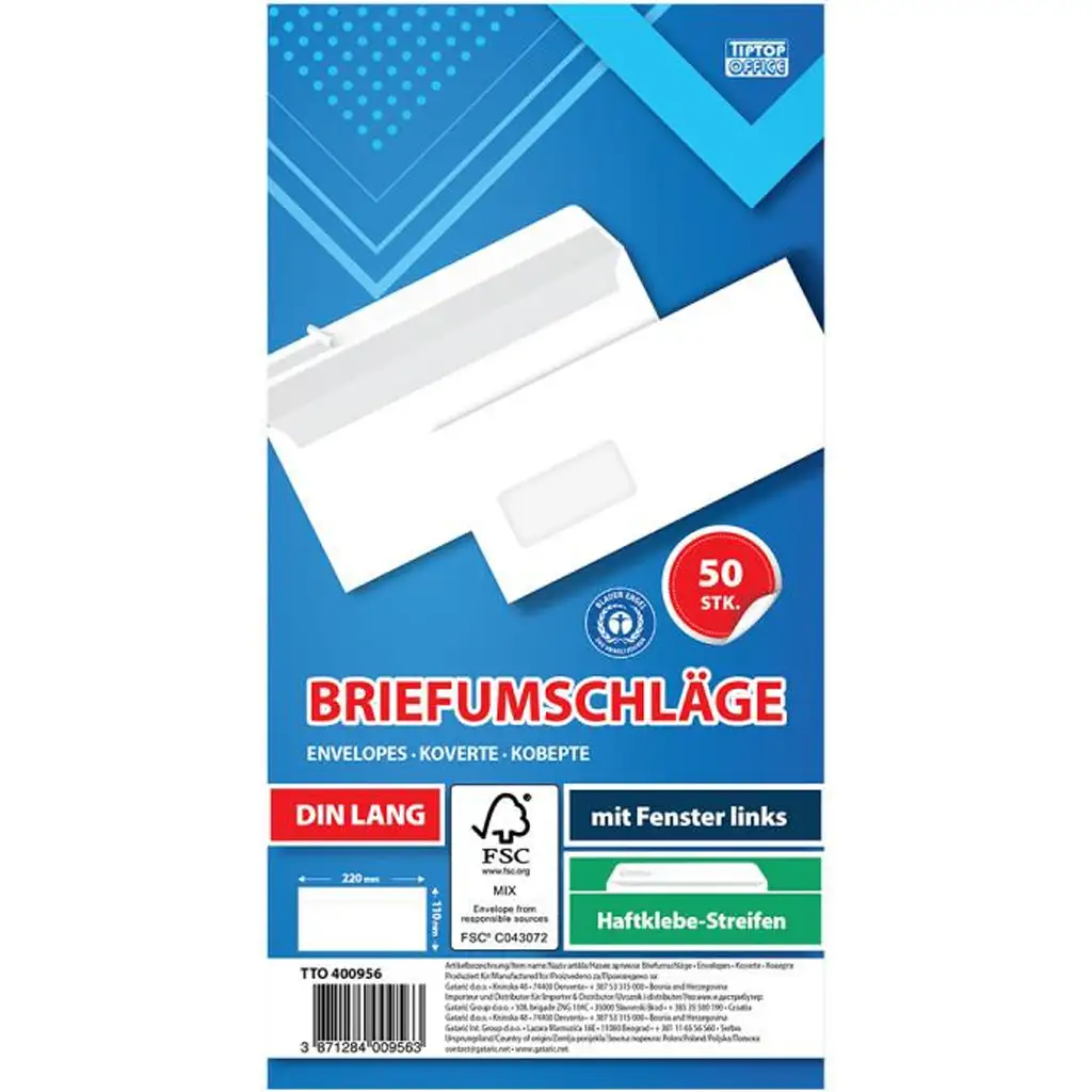 Spirit: Weißer Briefumschlag mit Fenster links LA/4 11x23cm 50 Stück-Packung