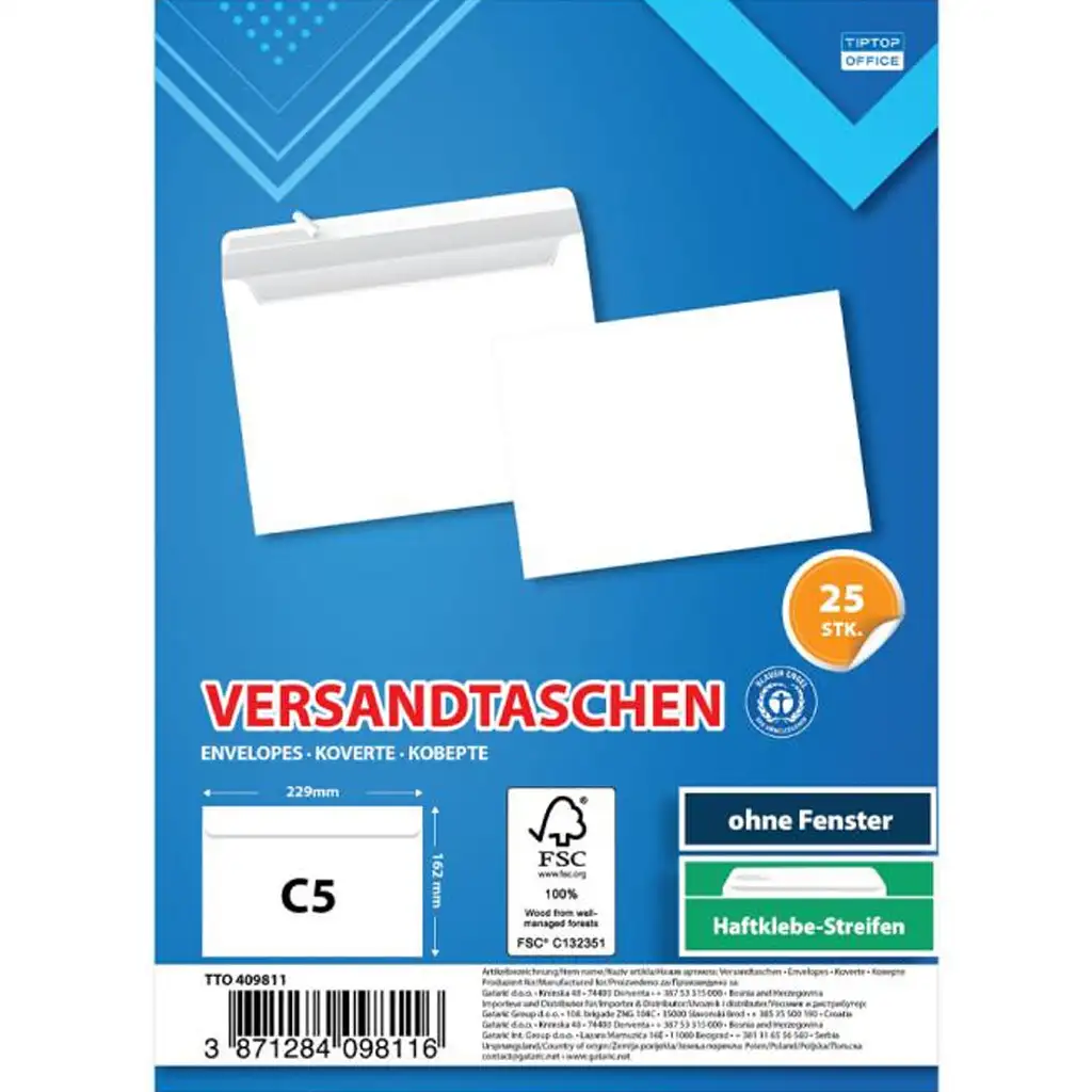 Spirit: Weißer Umschlag C5 22,9x16,2cm 25er-Pack