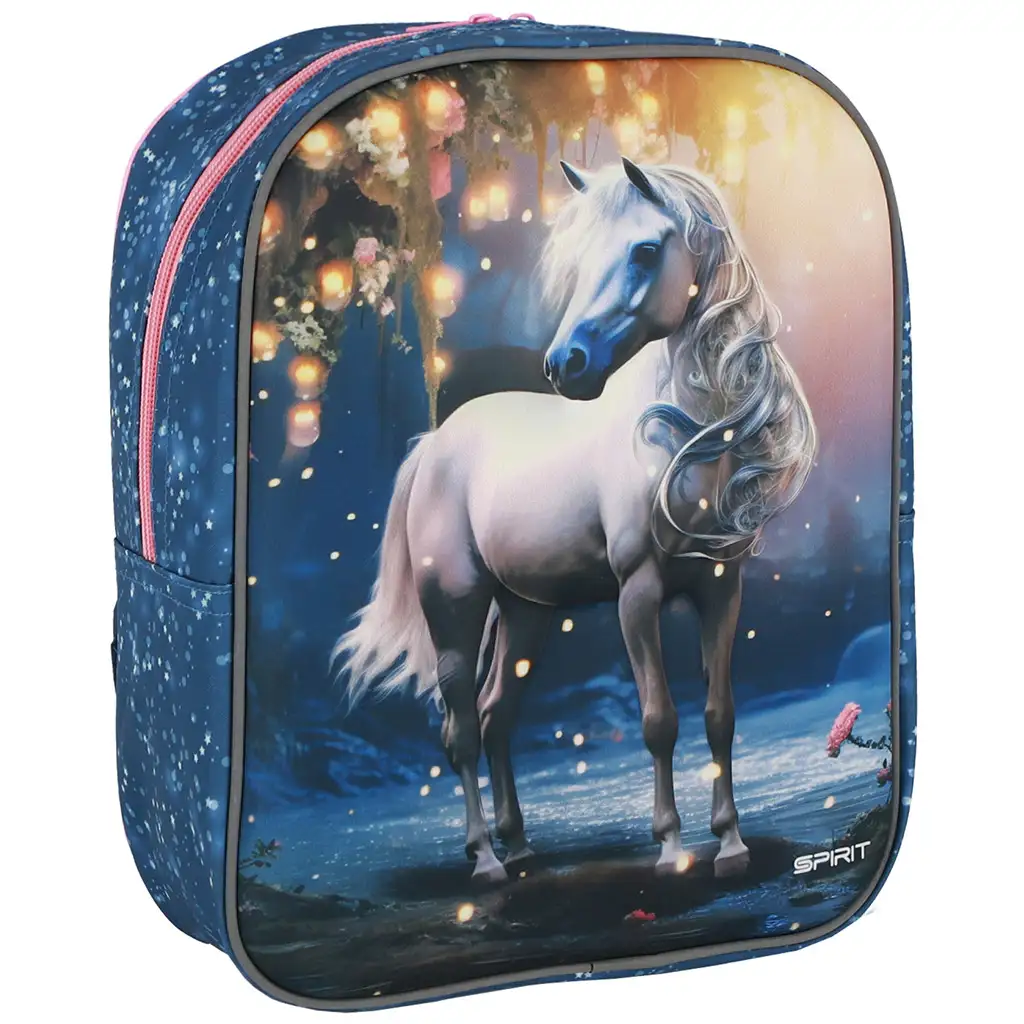 Spirit: Weißes Pferd Reiter 3D-Muster abgerundeter Kindergartenrucksack 30x25x12cm