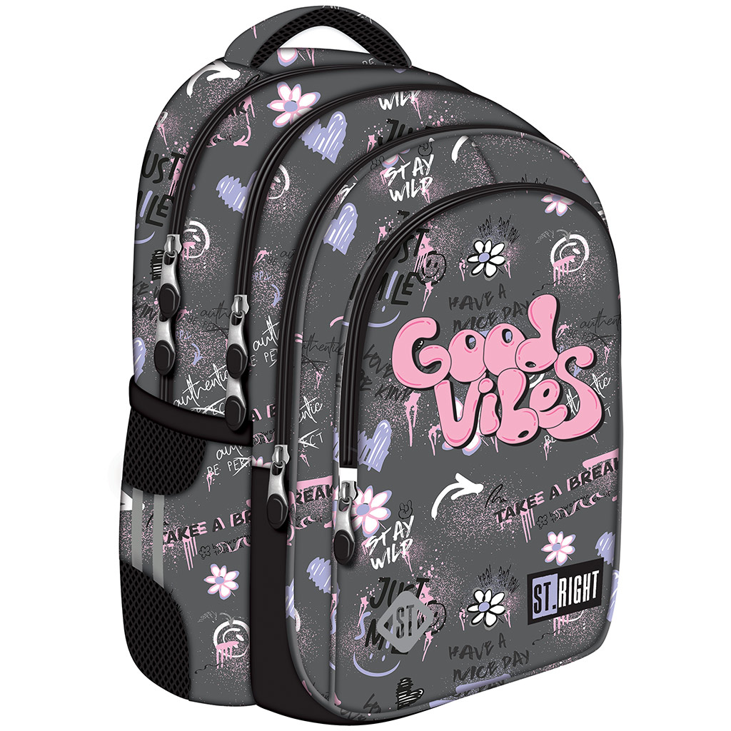 St.Right Good Vibes beschrifteter grauer Schulrucksack, Rucksack BP58 40x28x18cm