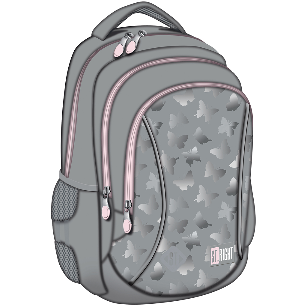 St.Right Grauer Schulrucksack mit Schmetterlingen, dreifach unterteilt, Modell BP26, 39x27x17 cm