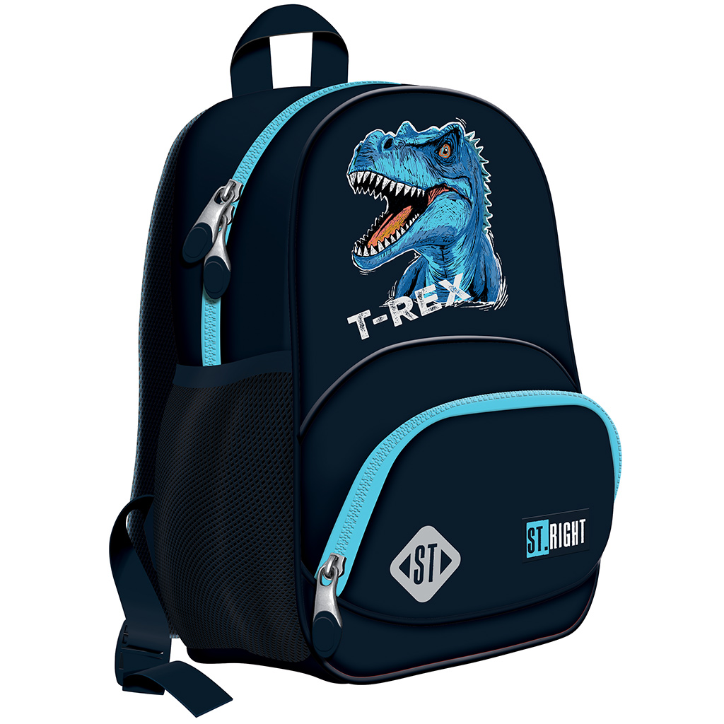 St.Right Schulranzen, blauer Rucksack mit T-Rex-Muster, BP70, 32x22x11,5 cm