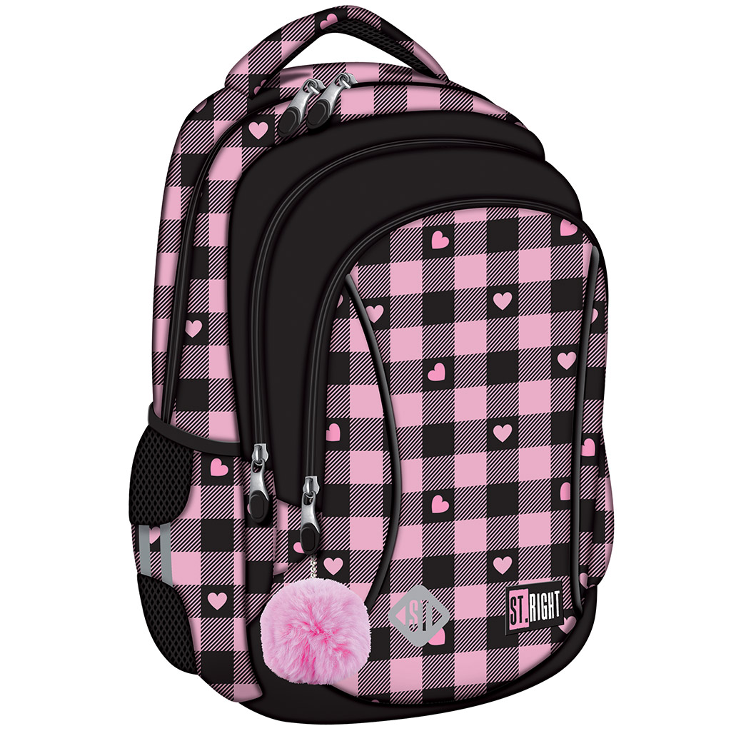 St.Right rosa-schwarzer Schulrucksack mit Herzmuster, Rucksack BP26 39x27x17 cm