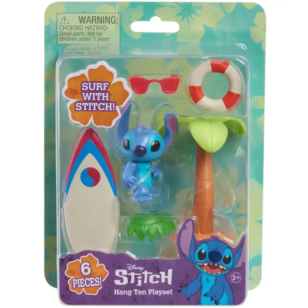 Stitch-Spielzeugfigur mit Surfbrett und Palme