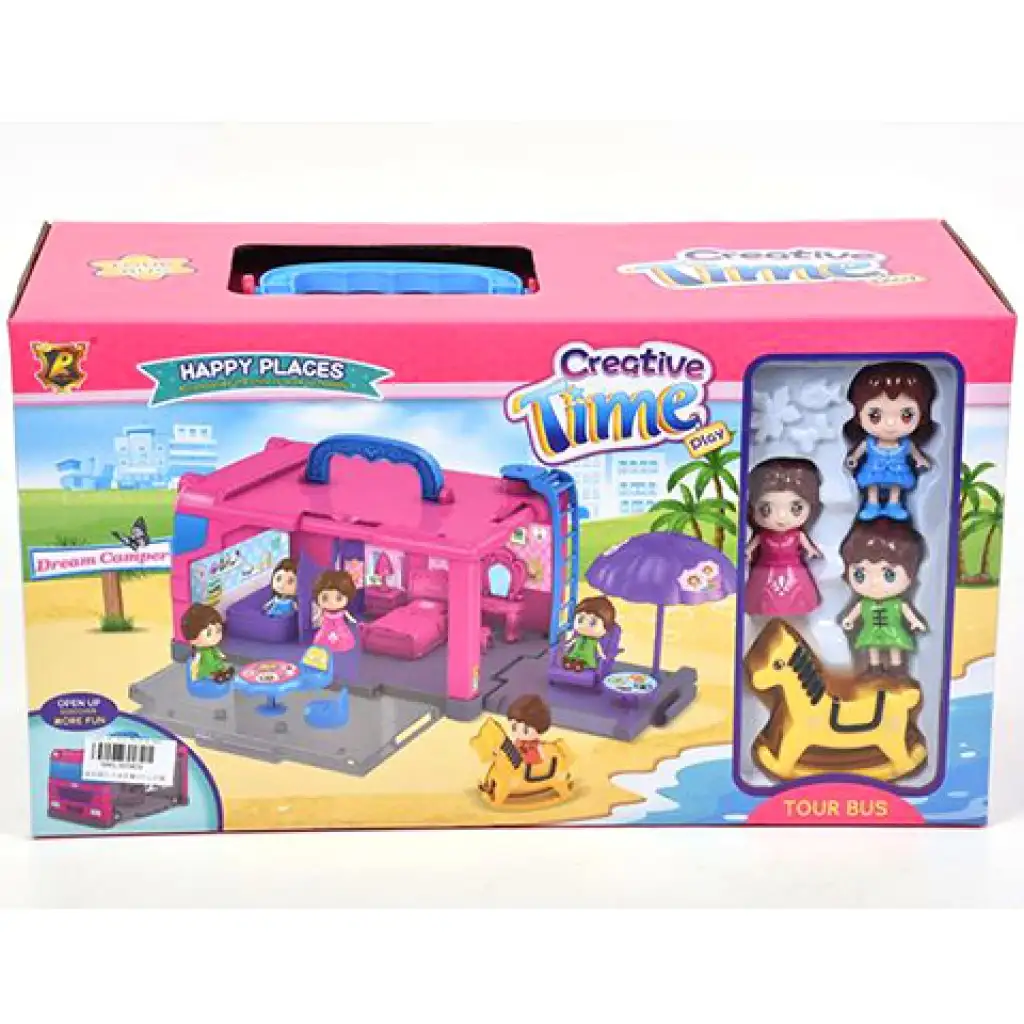 Tragbares, aufklappbares Spielset in Form eines Touristenbusses mit Zubehör.