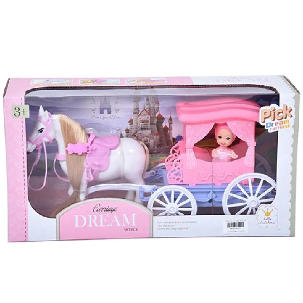 Traumkutschenset mit Pferd und 7,5 cm großer Puppe in Pink