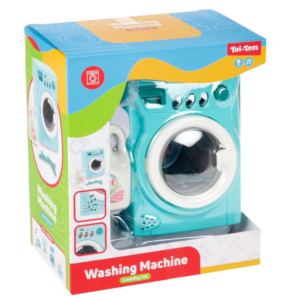 Türkisfarbene Waschmaschine mit Ton- und Lichteffekten.