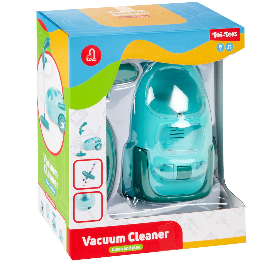Türkisfarbener Staubsauger mit Ton- und Lichteffekten.