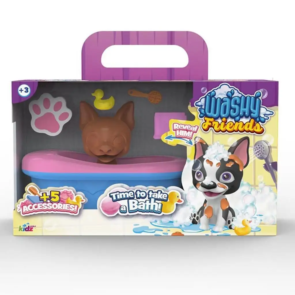 Washy Friends: Color Reveal planschender Boston Terrier mit Badewanne und Zubehör