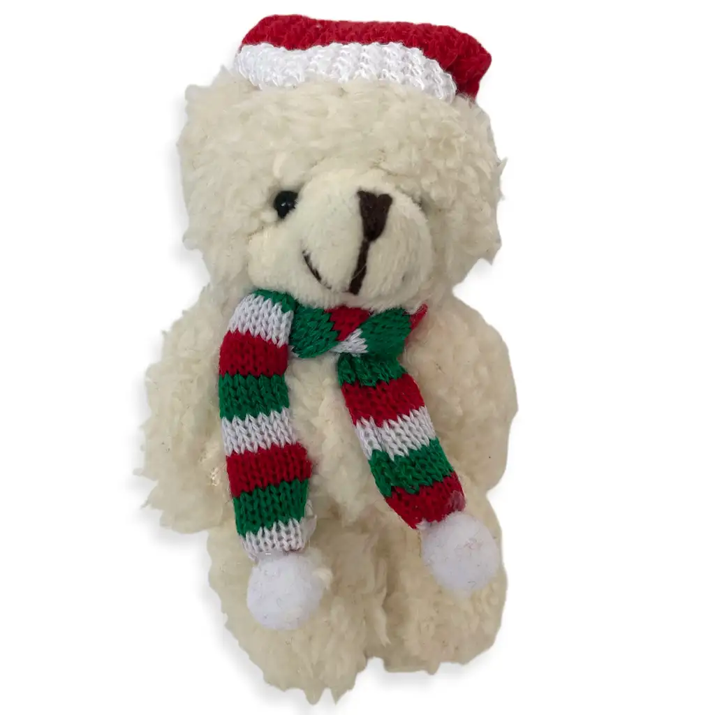 Weißer Plüschbär-Schlüsselanhänger mit Weihnachtsmannmütze, 12 cm