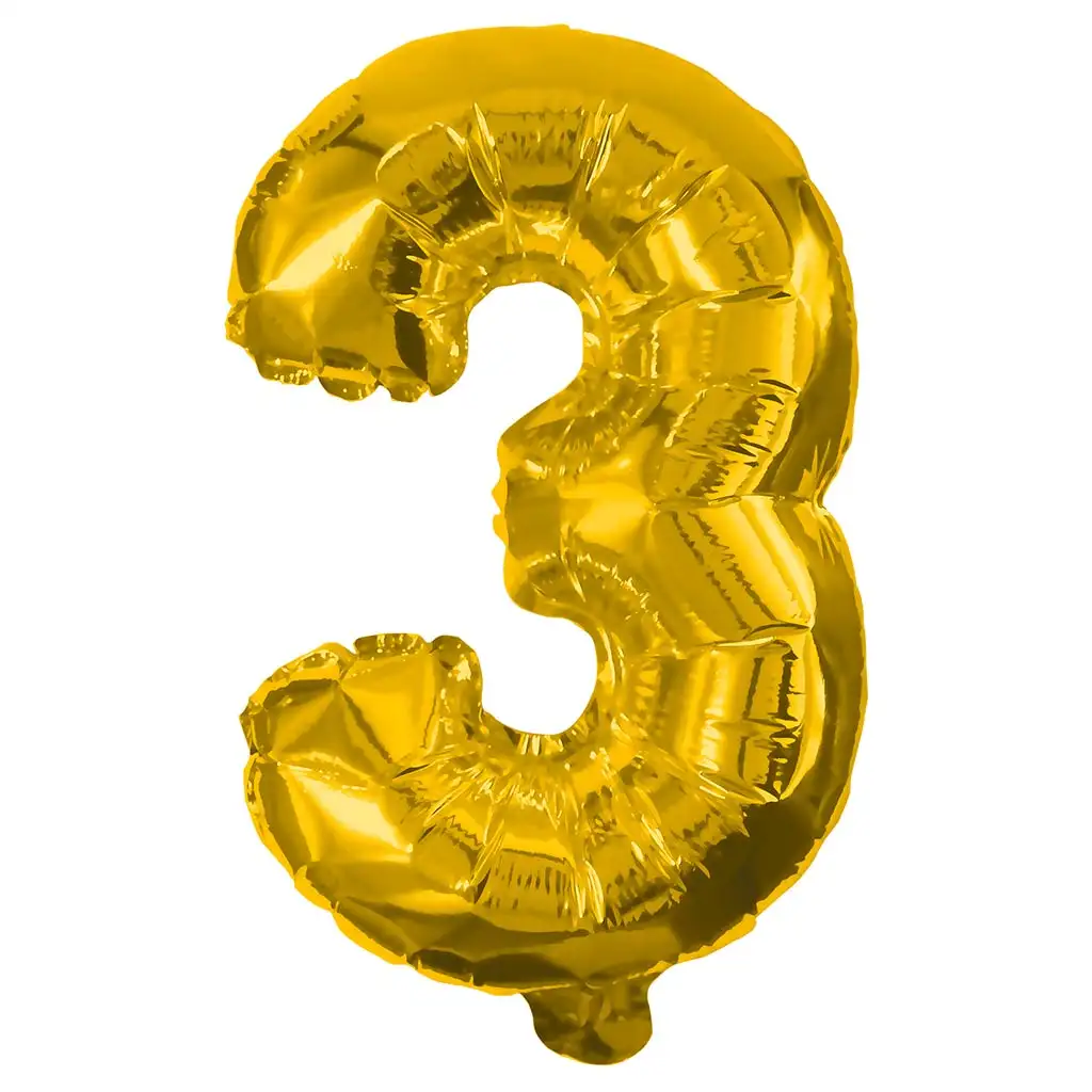 Zahlreiche Folienballons in Goldfarbe – Zahl 3, 32 cm