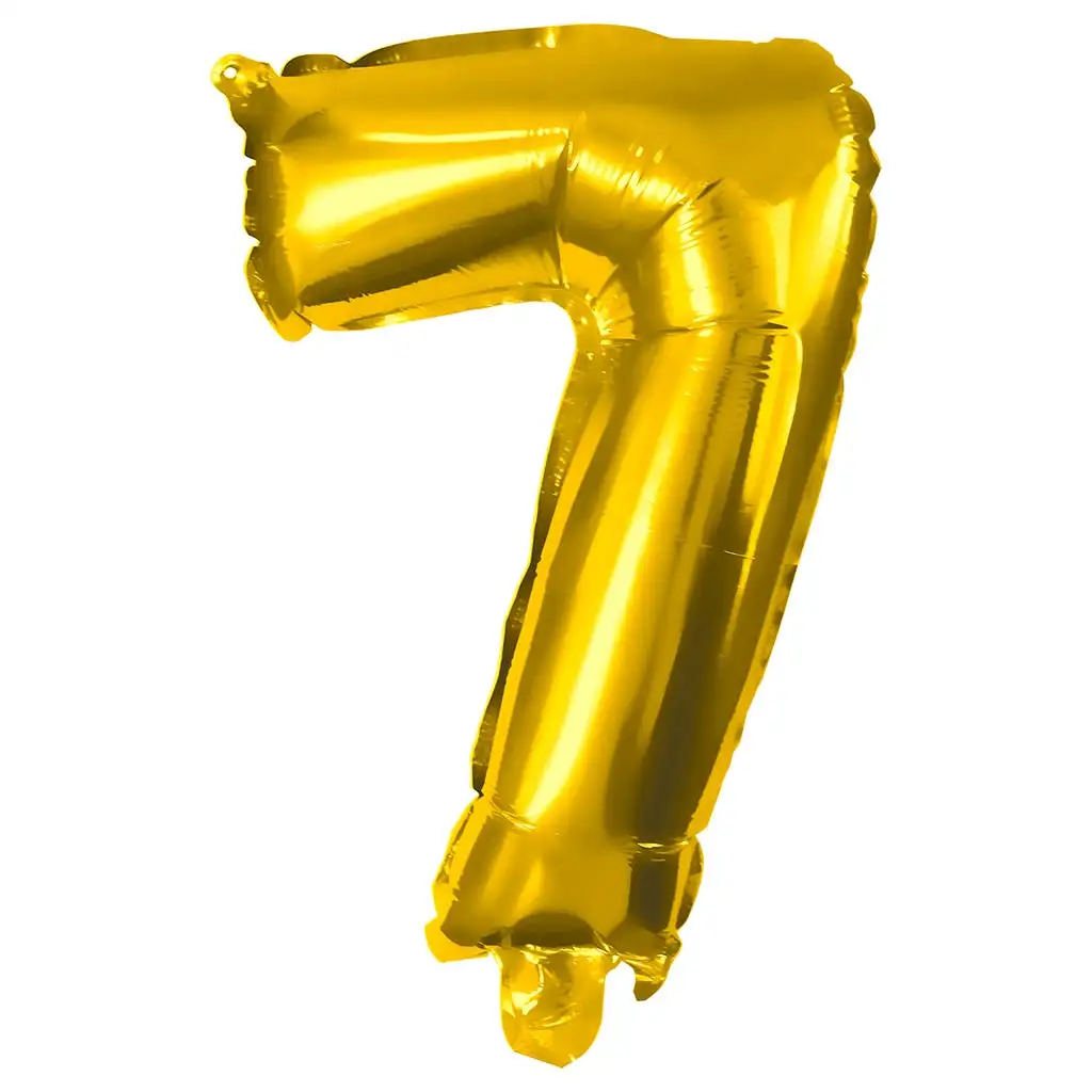 Zahlreiche Folienballons in Goldfarbe – Zahl 7, 32 cm