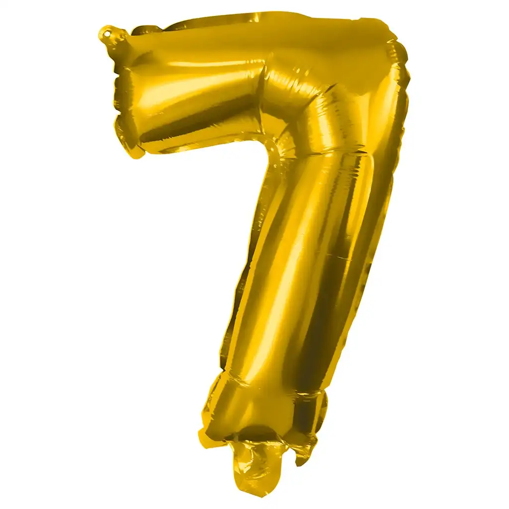Zahlreiche Folienballons in Goldfarbe – Zahl 7, 86 cm