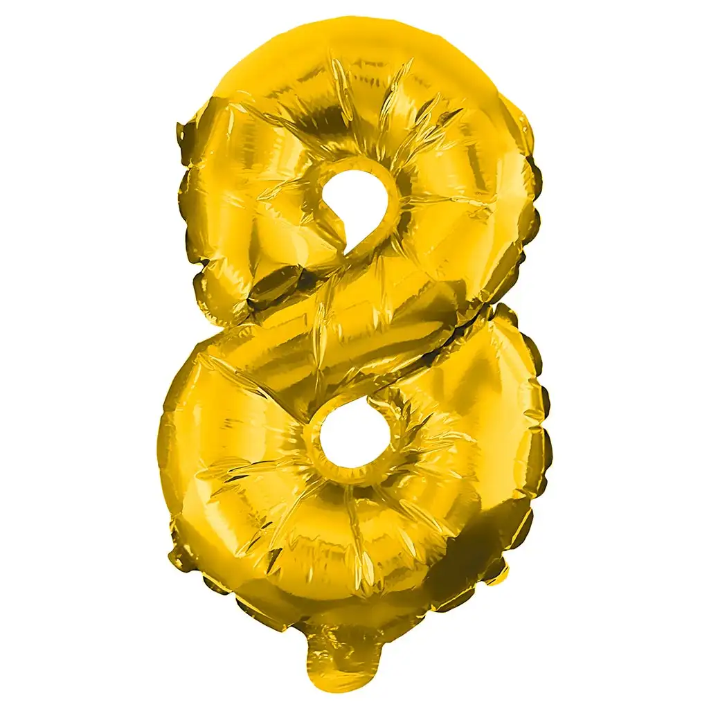 Zahlreiche Folienballons in Goldfarbe – Zahl 8, 32 cm