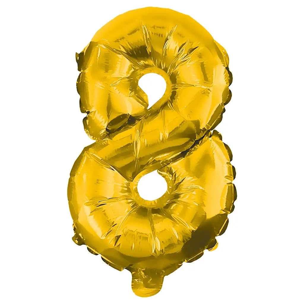 Zahlreiche Folienballons in Goldfarbe – Zahl 8, 86 cm