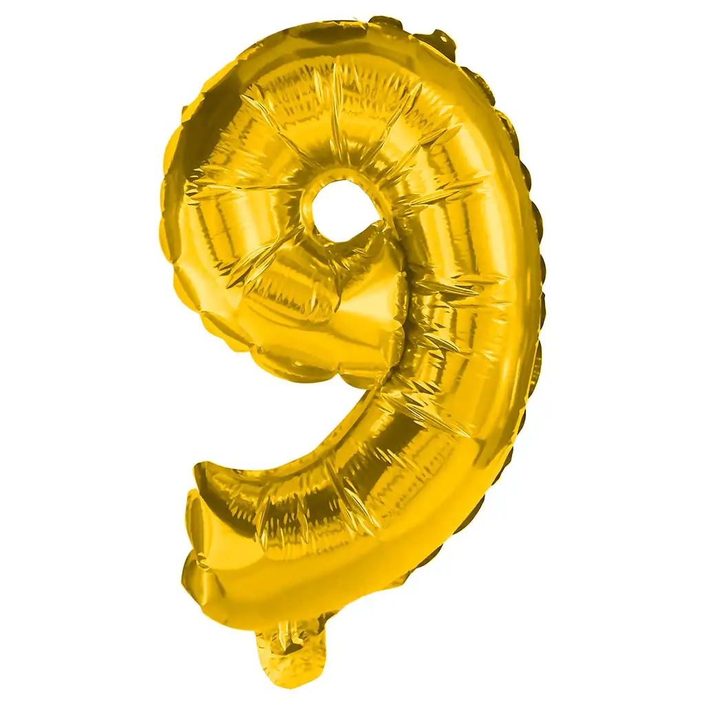 Zahlreiche Folienballons in Goldfarbe – Zahl 9, 32 cm