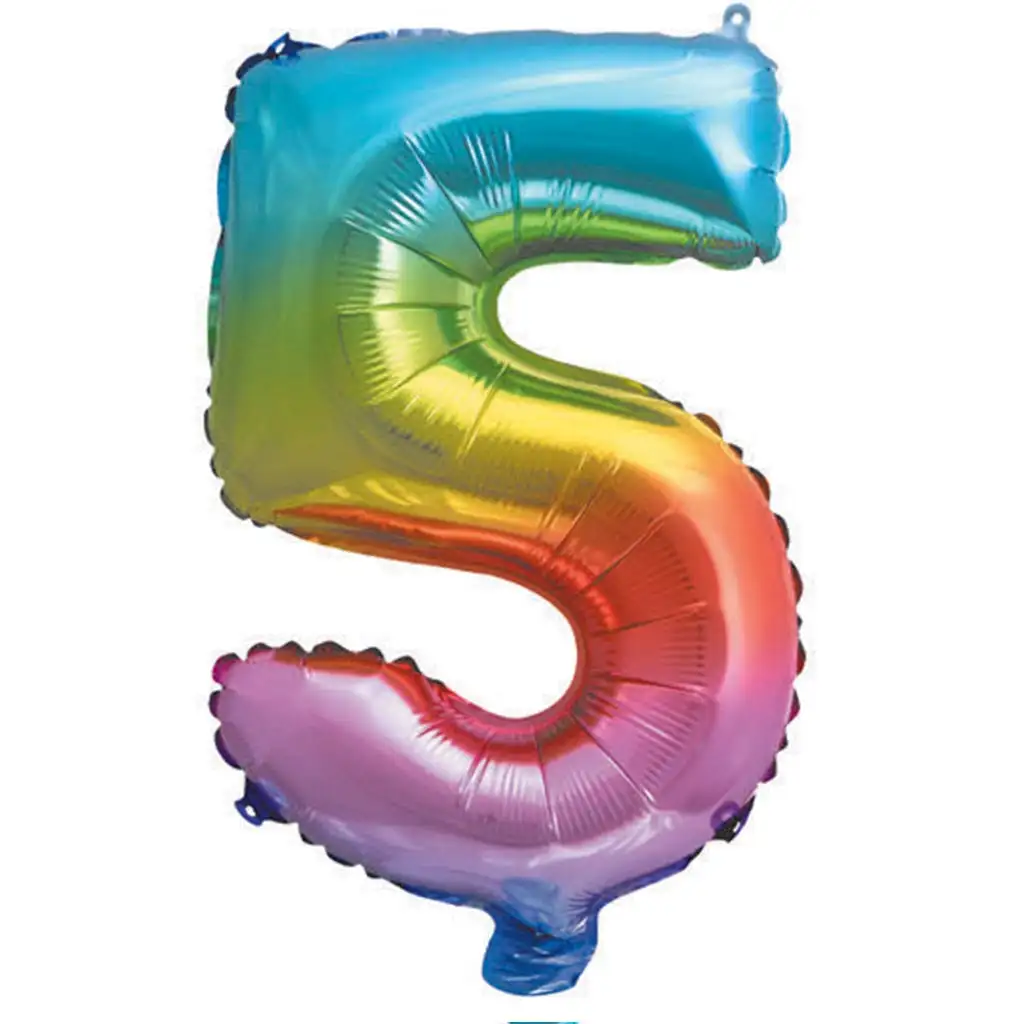 Zahlreiche Folienballons in Metallic-Regenbogenfarben – Zahl 5, 34 cm.