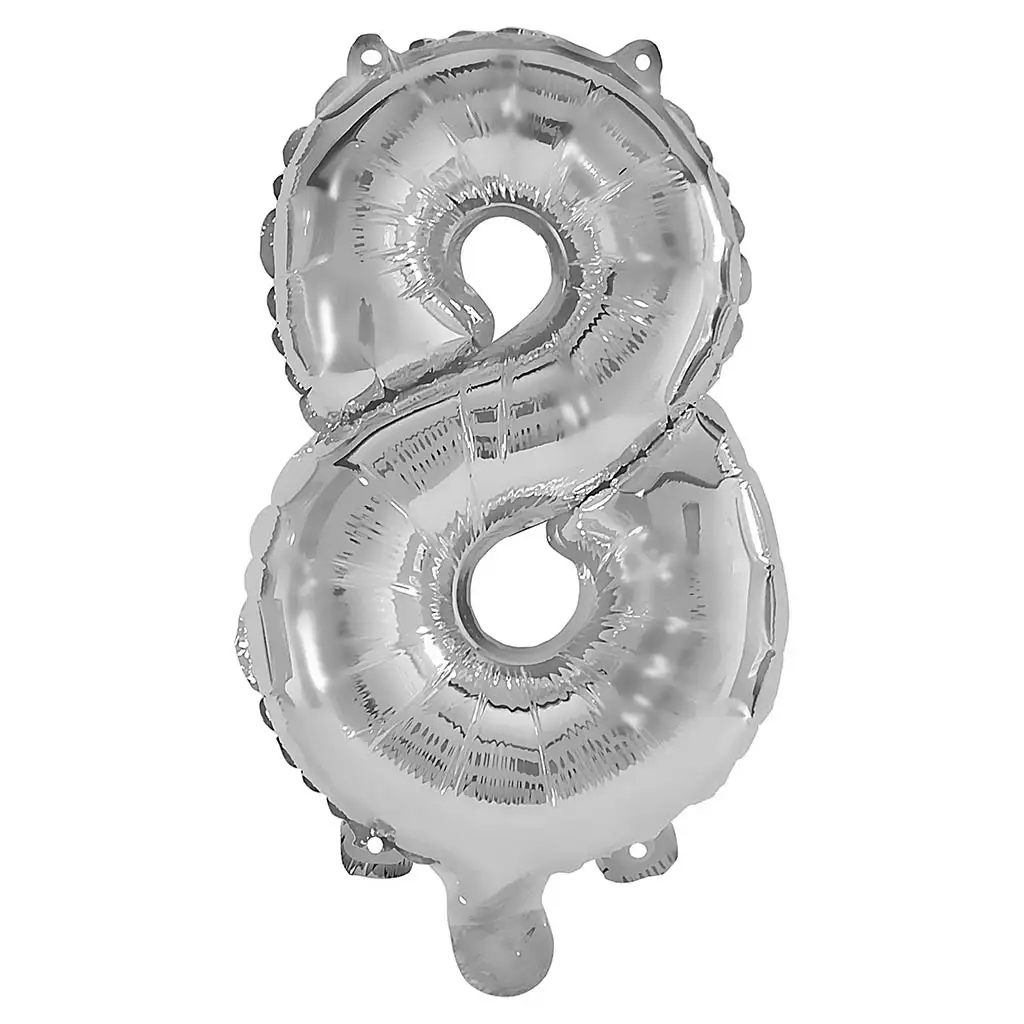 Zahlreiche Folienballons in Silber – Zahl 8, 32 cm