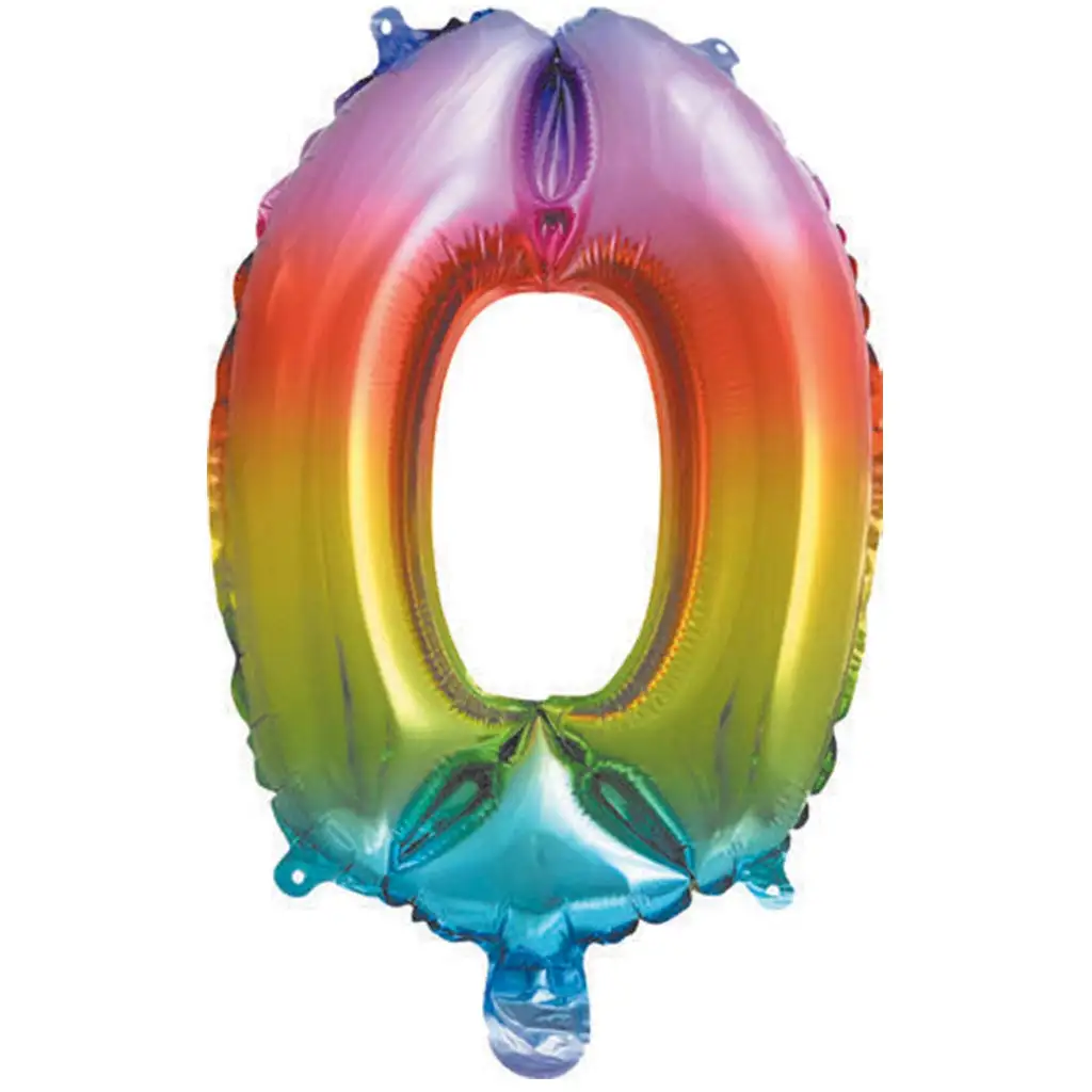 Zahlreiche Folienballons in metallischem Regenbogenfarben – Zahl 0, 34 cm
