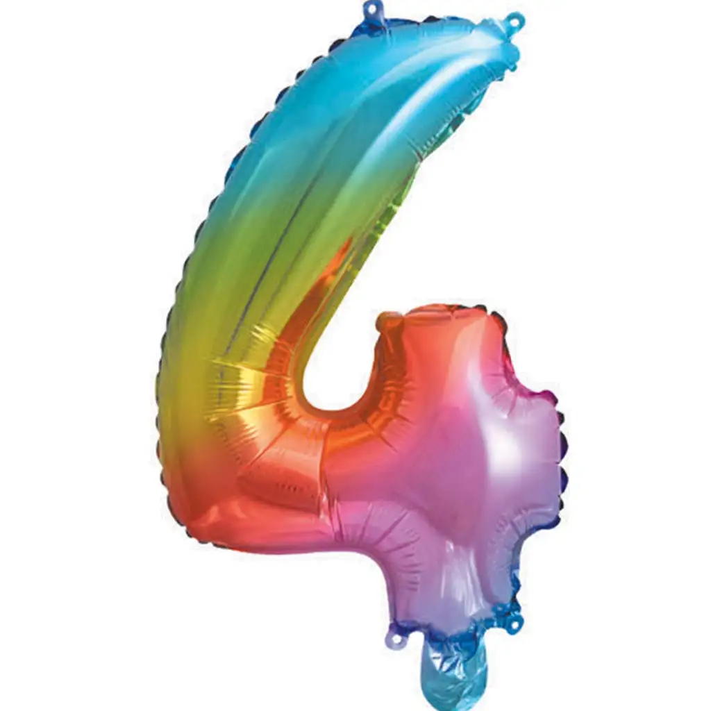 Zahlreiche Folienballons in metallischem Regenbogenfarben – Zahl 4, 34 cm