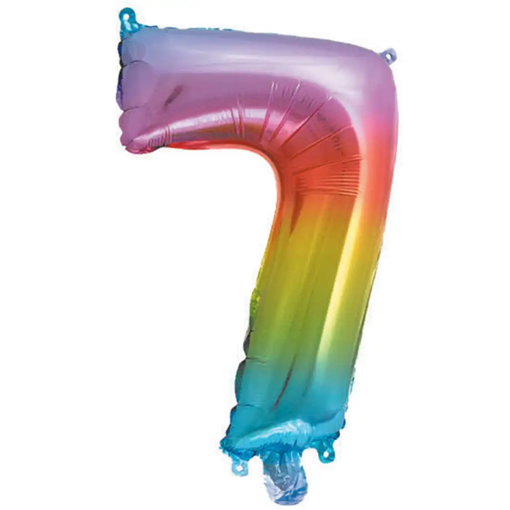 Zahlreiche Folienballons in metallischem Regenbogenfarben – Zahl 7, 34 cm