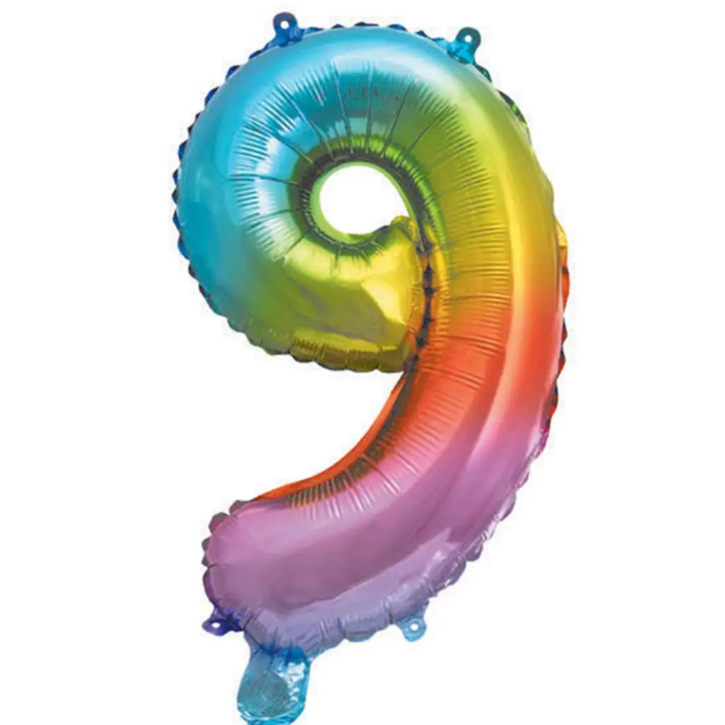 Zahlreiche Folienballons in metallischem Regenbogenfarben – Zahl 9, 34 cm